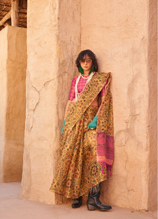 Pale Yellow Komet Printed Zari Handloom Tissue Saree