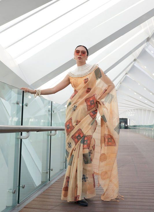 Cream Kroma Zari Tissue handwoven Printed Silk Saree