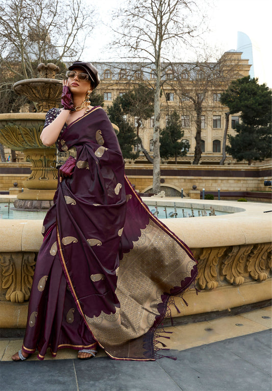 Deep Maroon Kanthkala Pure Satin Handloom Silk Saree