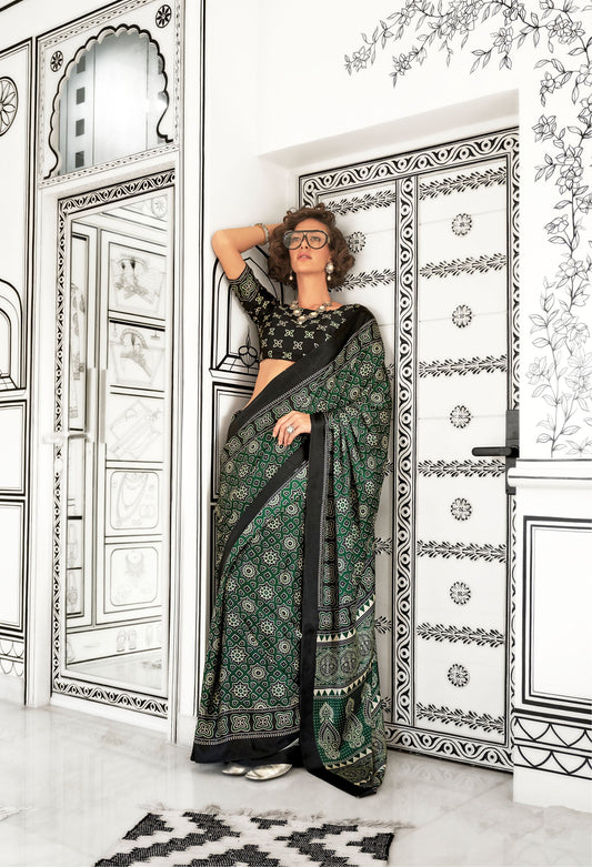 Green Kajarkh Printed Ajrakh Satin Saree