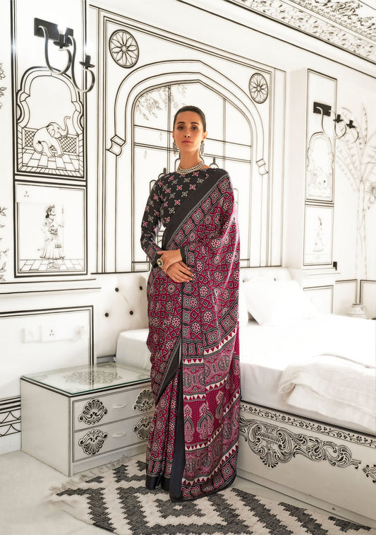 Maroon Kajarkh Printed Ajrakh Satin Saree