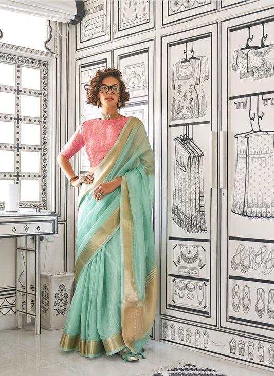 Turquoise Green Knoorie Moss Chiffon Handloom Saree