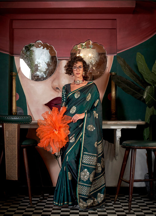 Dark green Kanthkala Topaz Pure Satin Handloom Saree