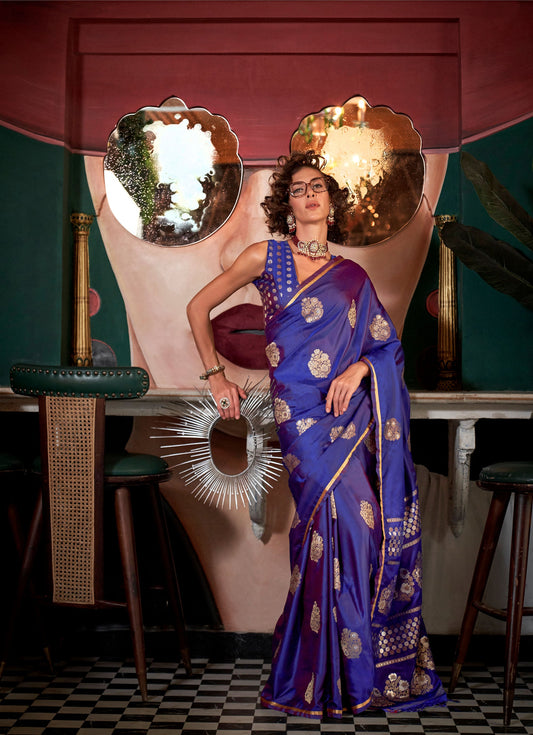 Majestic Purple Kanthkala Topaz Pure Satin Handloom Saree