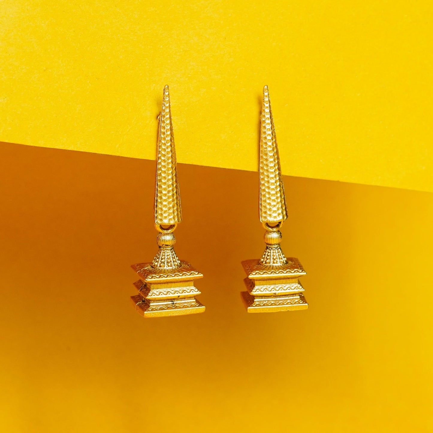 Zevar Club Gold-Toned Brass Statement Drop Earrings with Temple Tower Inspired Sculpted Design