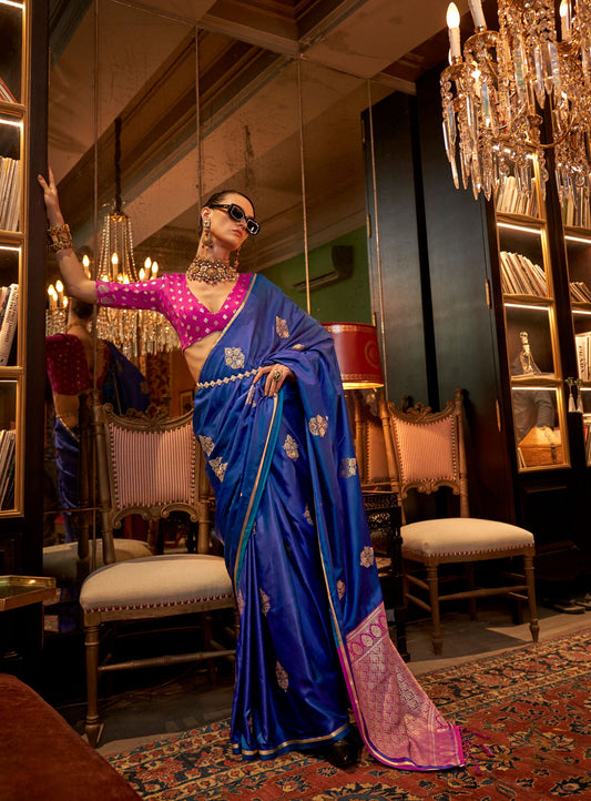 Royal Blue Kanthkala Luxe Satin Handloom saree