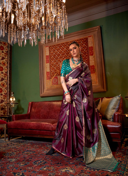 Maroon Kanthkala Luxe Satin Handloom saree