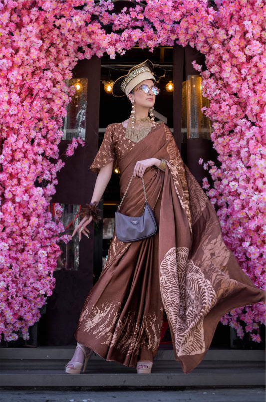 Brown Kazule Contemporary Satin Crepe Saree