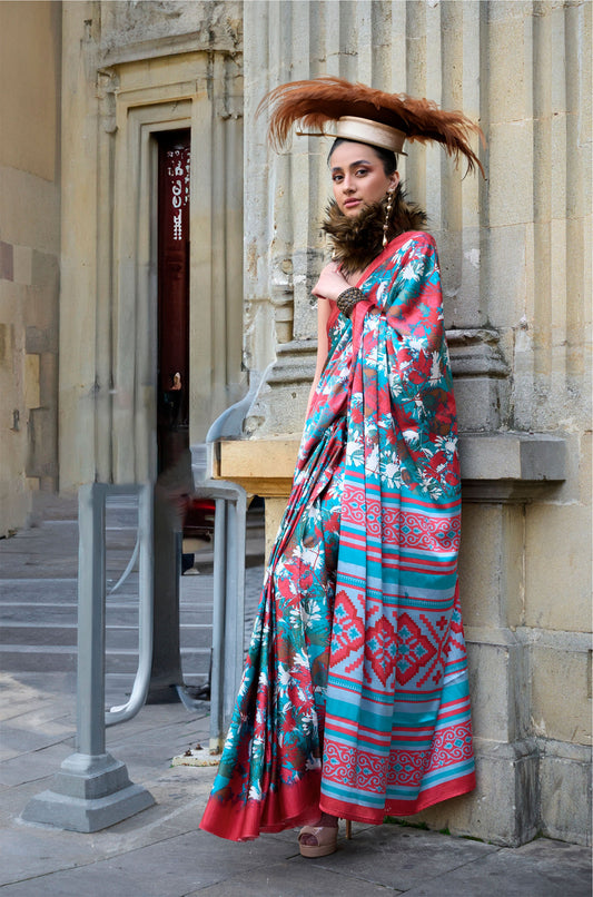 Blue Floral Kazule Contemporary Satin Crepe Saree