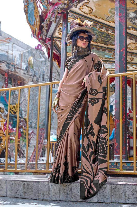 Mud Brown Kazule Contemporary Satin Crepe Saree