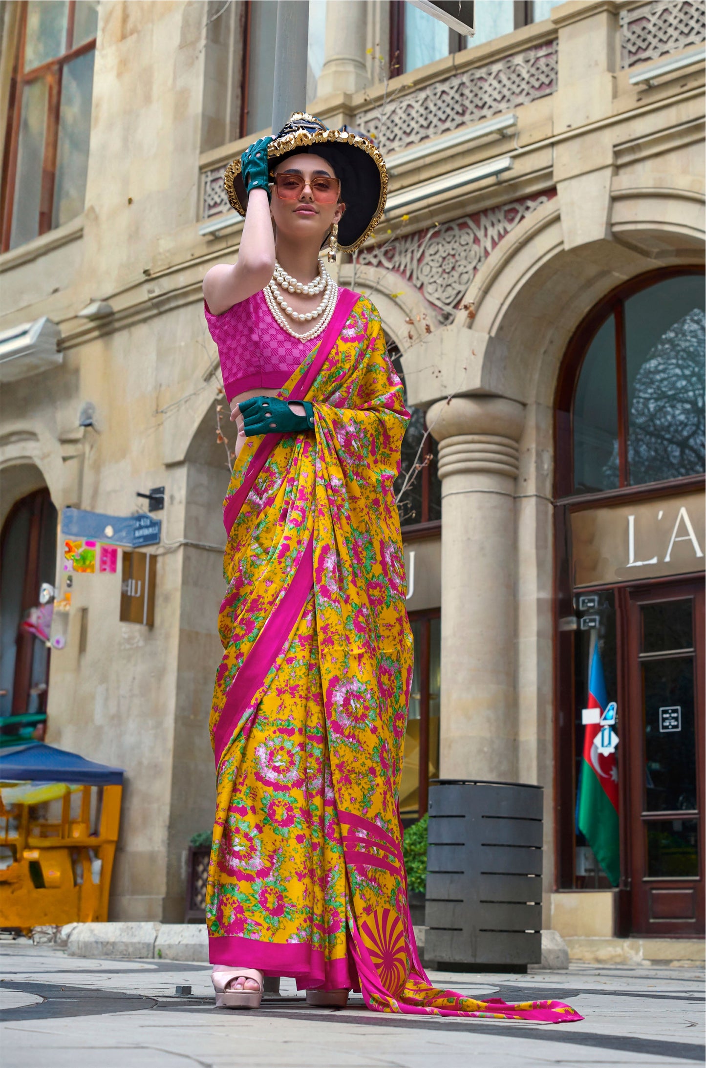 Yellow Floral Kazule Contemporary Satin Crepe Saree