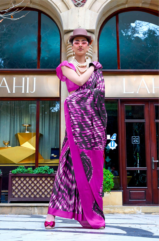 Pink Black Abstract Kazule Contemporary Satin Crepe Saree