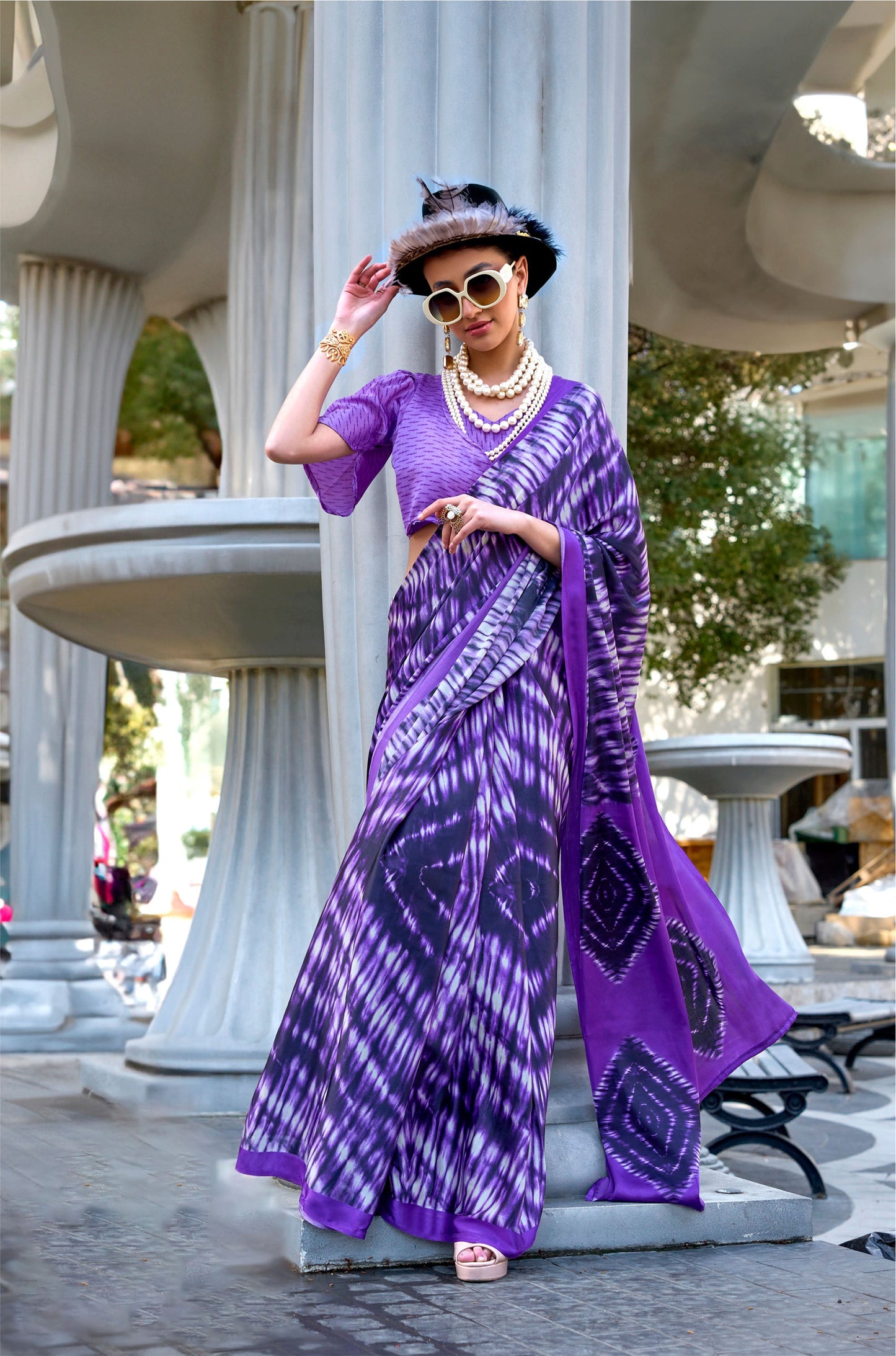 Violet Abstract Kazule Contemporary Satin Crepe Saree
