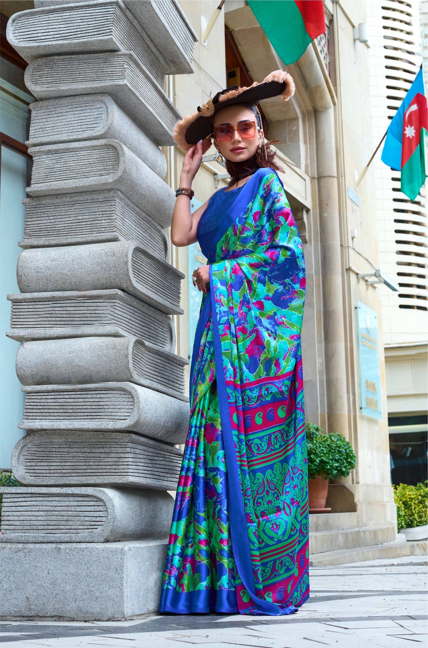 Royal Blue Green Kazule Contemporary Satin Crepe Saree