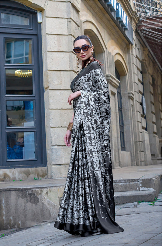 Black Silver Kazule Contemporary Satin Crepe Saree