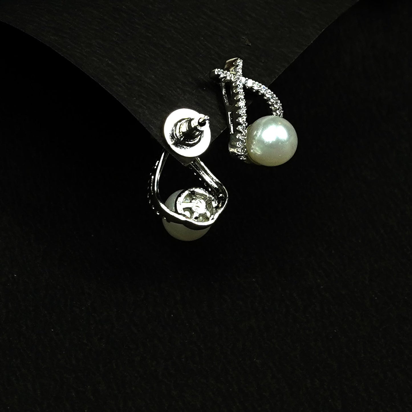 Zevar Club Rhodium-Plated Handcrafted Cubic Zirconia & White Pearl Loop Stud Earrings