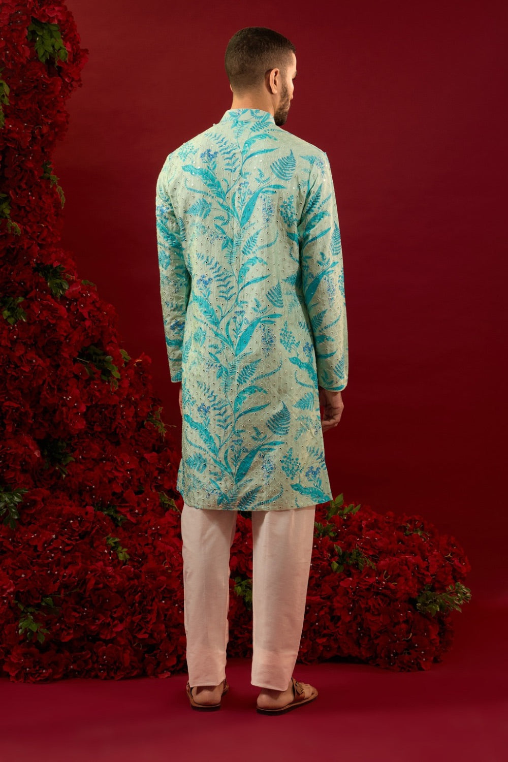 Blue silk kurta set with machine work