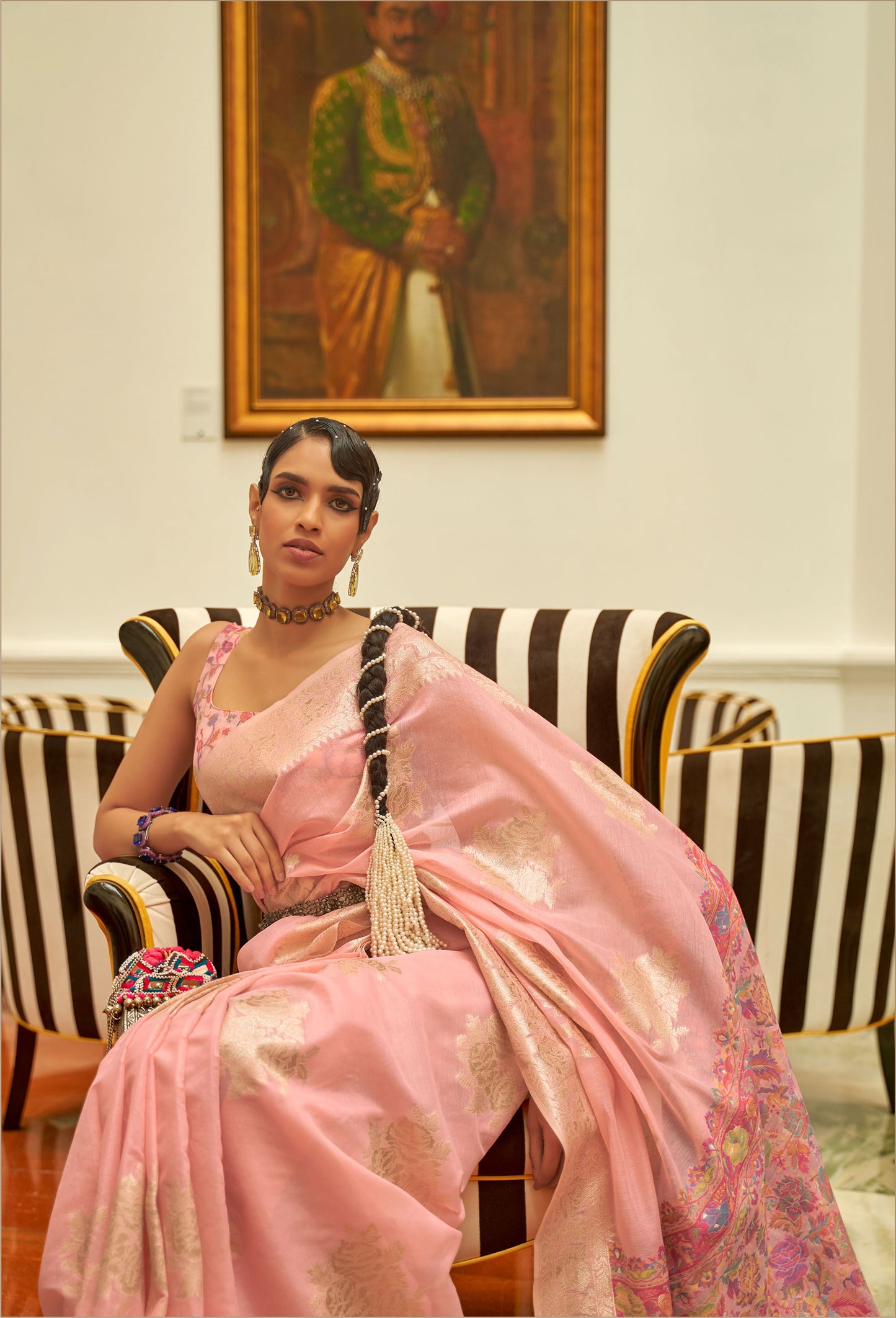 Light Peach Keerat Silk Modal Kashmiri Saree