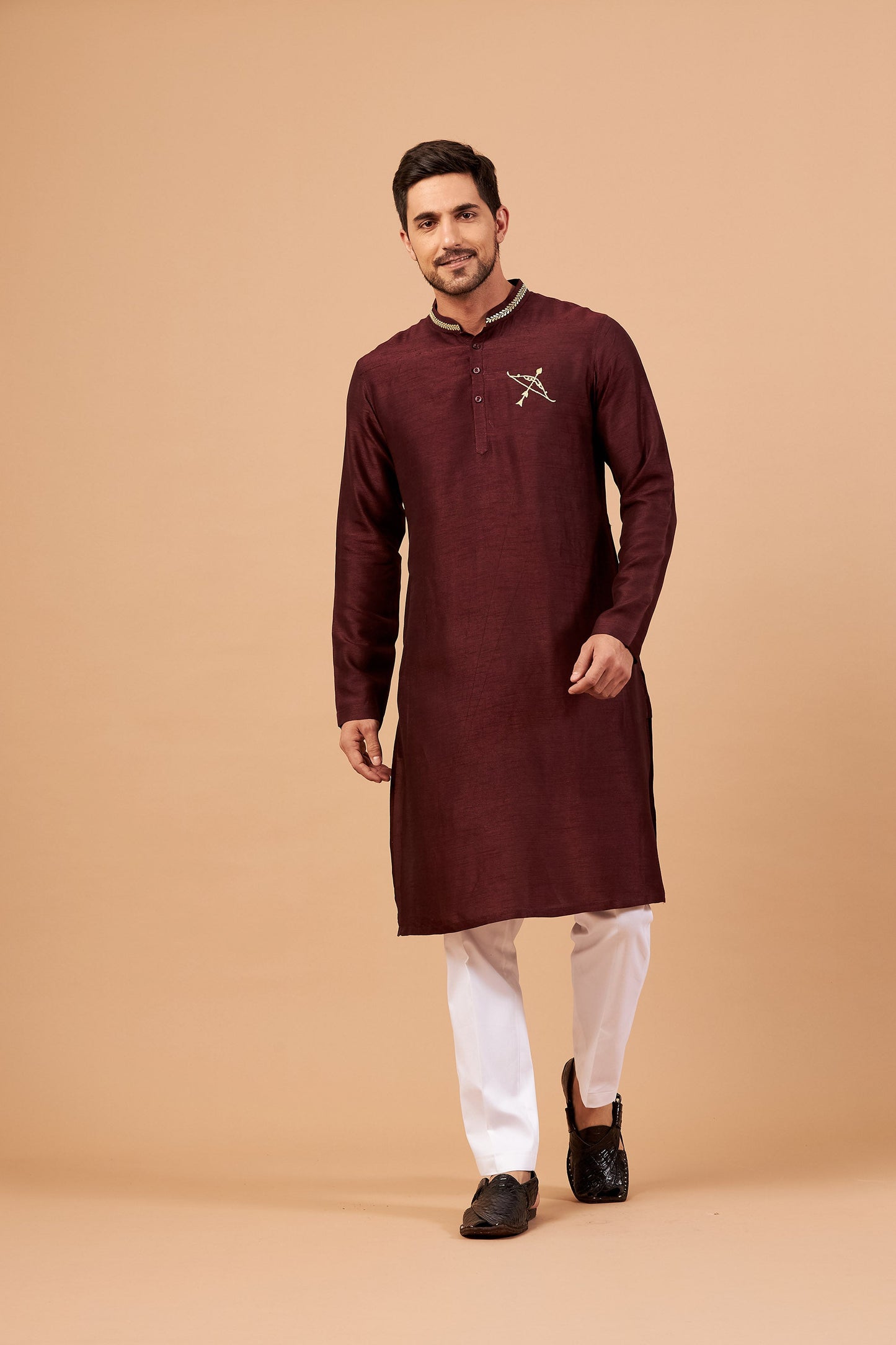 Maroon Semi Raw Silk Zari Bow & Arrow Embroidery ( only Kurta )