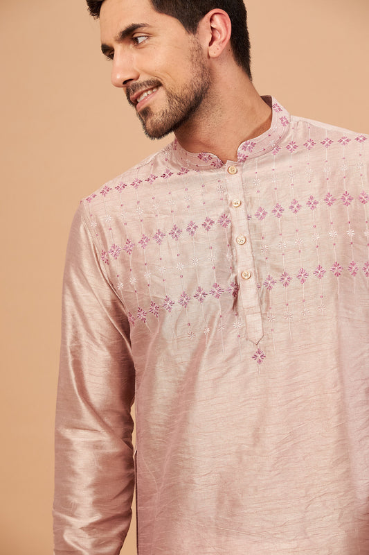 Beige Brown Semi Raw Silk Machine Embroidery Casual ( only Kurta )