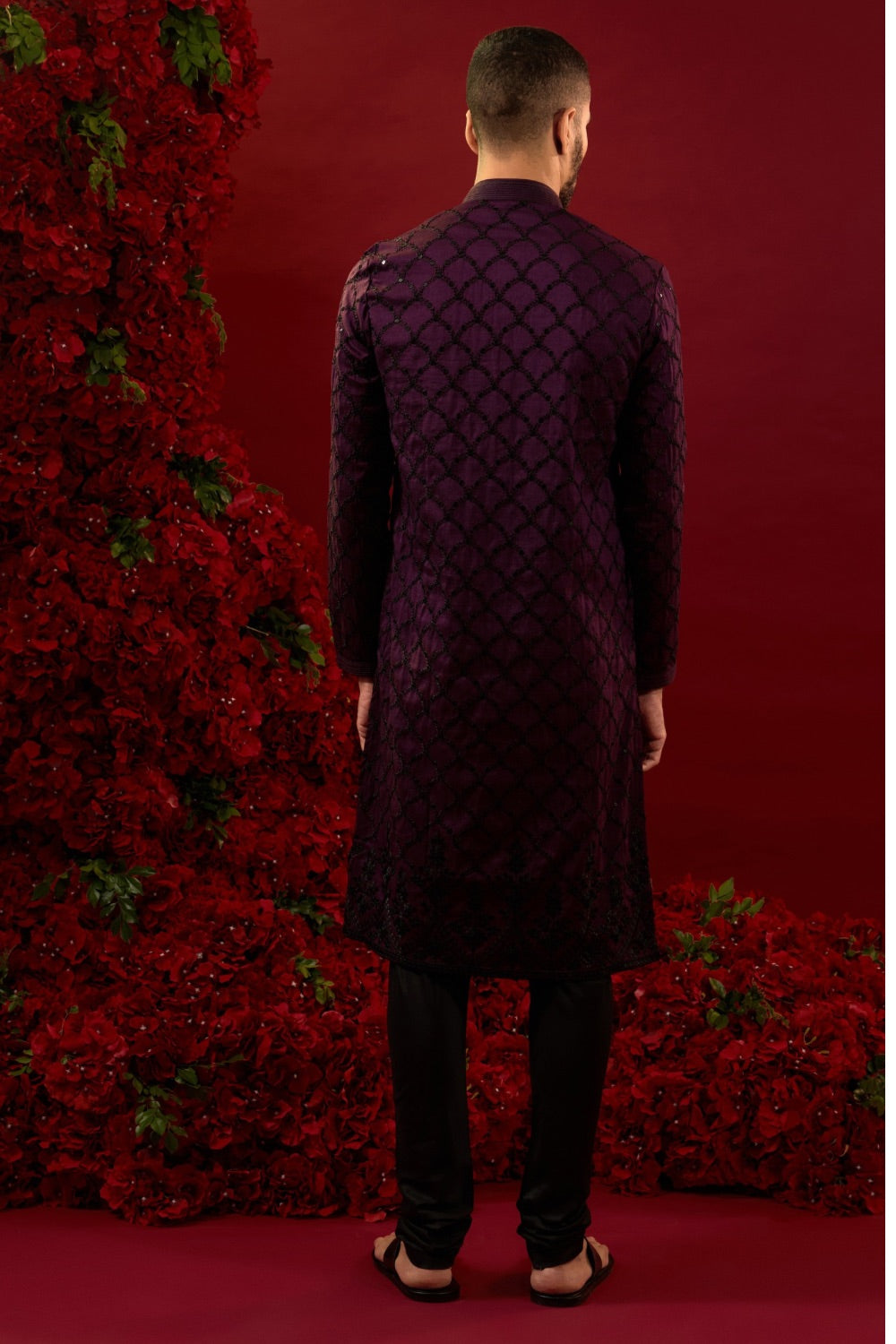 Deep purple silk kurta set with machine work