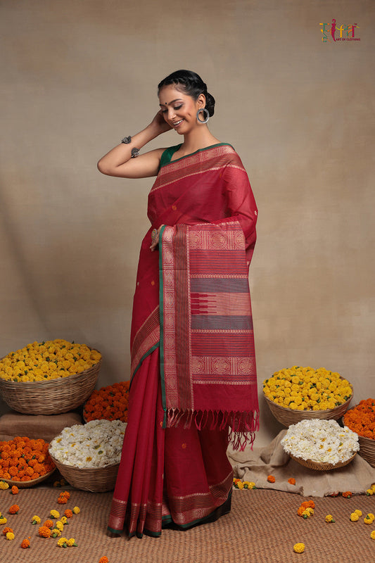 Handloom Magenta Pure Cotton Kanchi Saree
