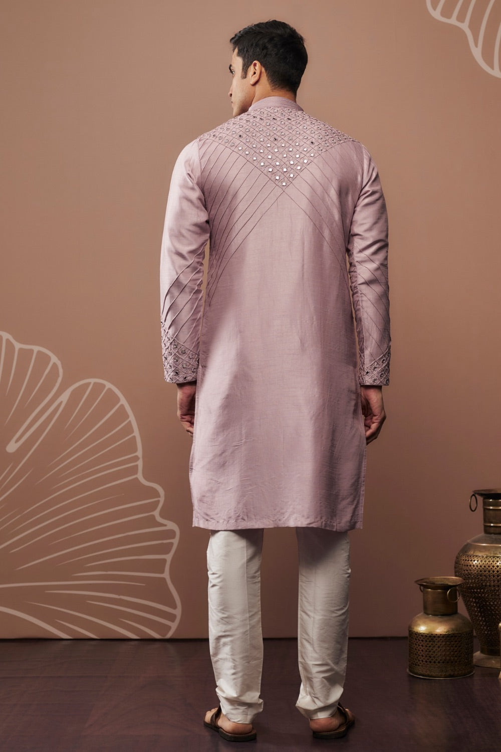 Light purple silk kurta and pajama with hand and machine work