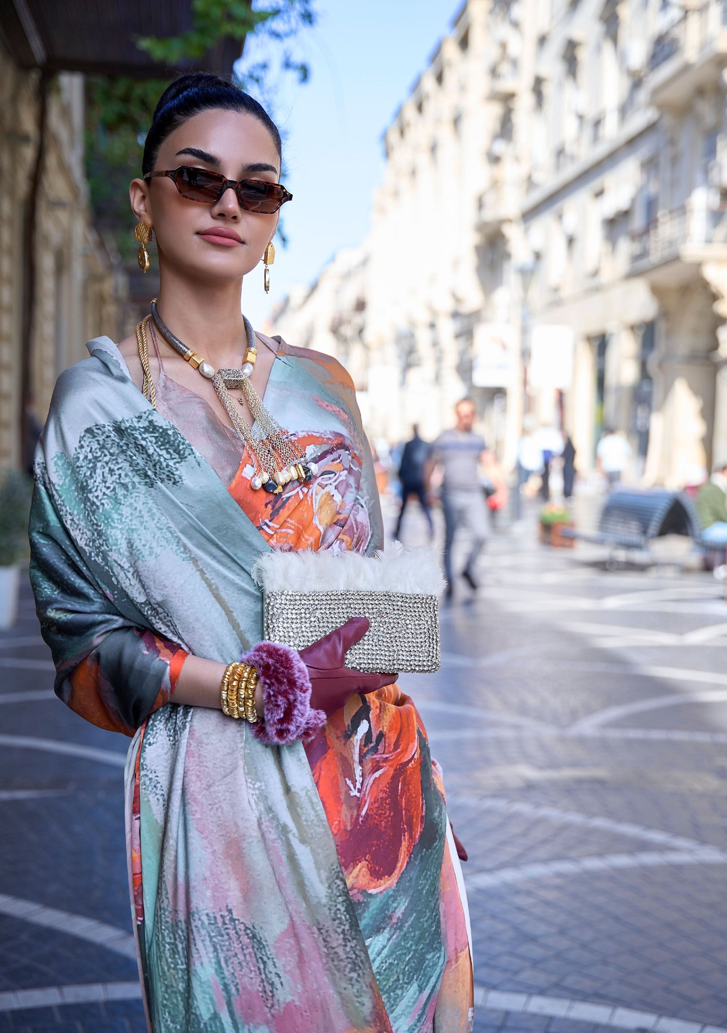 Grey Floral Klora Satin Crepe Digital Print Saree