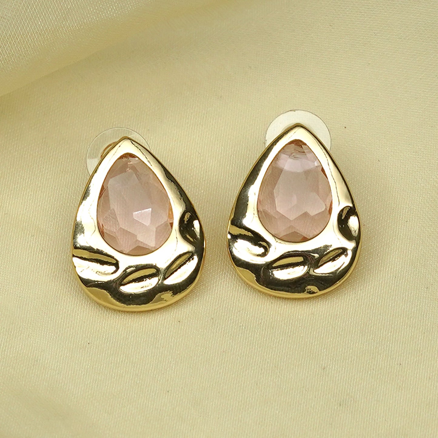 Zevar Club Matte Gold Tone Stainless Steel Tarnish Free Waterproof Tear Drop-Shaped Pastel Pink Stone Stud Earrings for Women