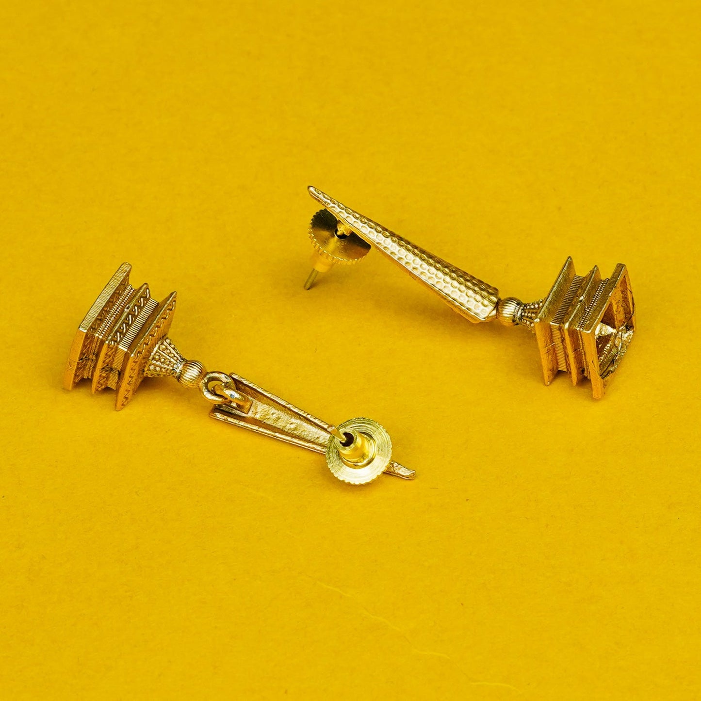 Zevar Club Gold-Toned Brass Statement Drop Earrings with Temple Tower Inspired Sculpted Design