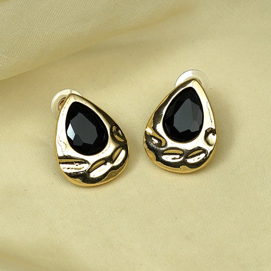 Zevar Club Matte Gold Tone Stainless Steel Tarnish Free Waterproof Tear Drop-Shaped Black Stone Stud Earrings for Women