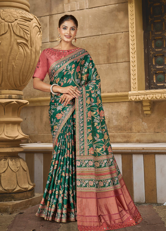 Green & Pink Gajji Silk Mirror Work Saree
