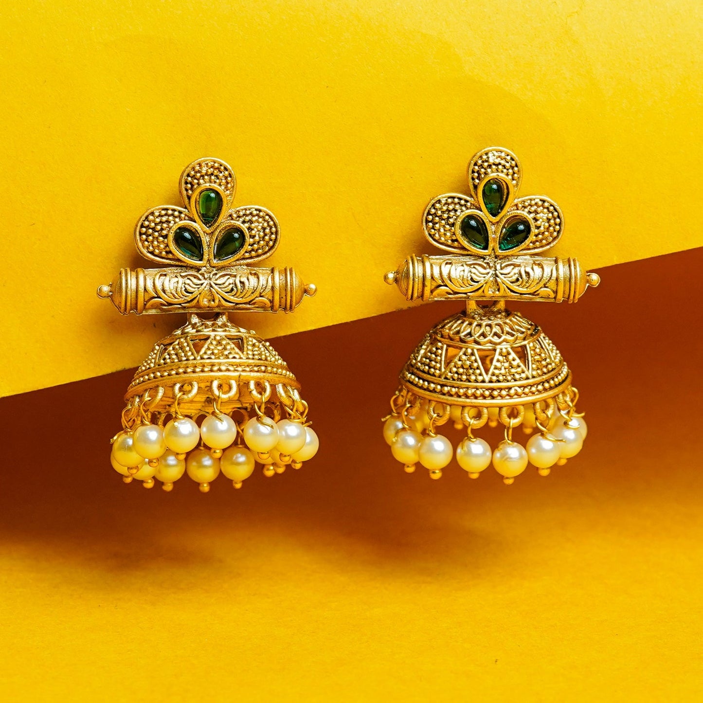 Zevar Club 18K Gold-Plated White Stone Studded Dome Jhumka Earrings with Pearl Danglers