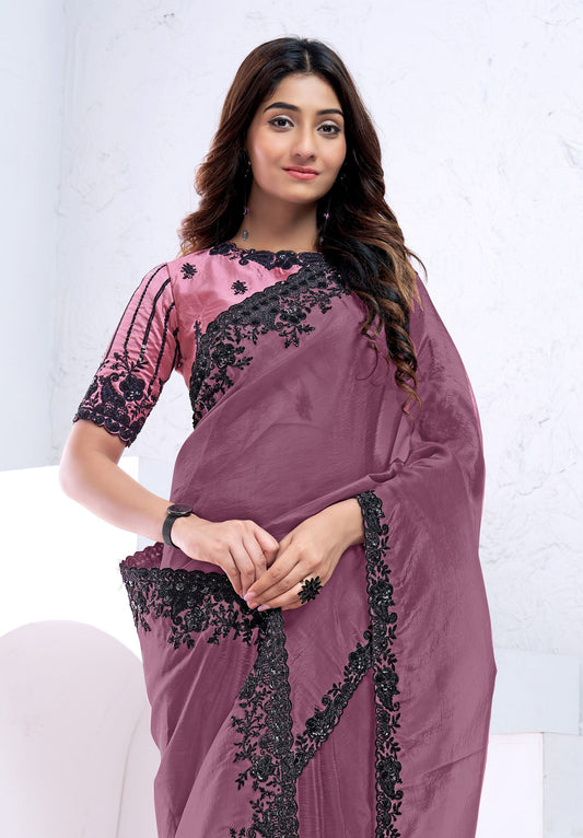 Dark Mauve Crush Pure Silk Sequins with Hand Work Saree