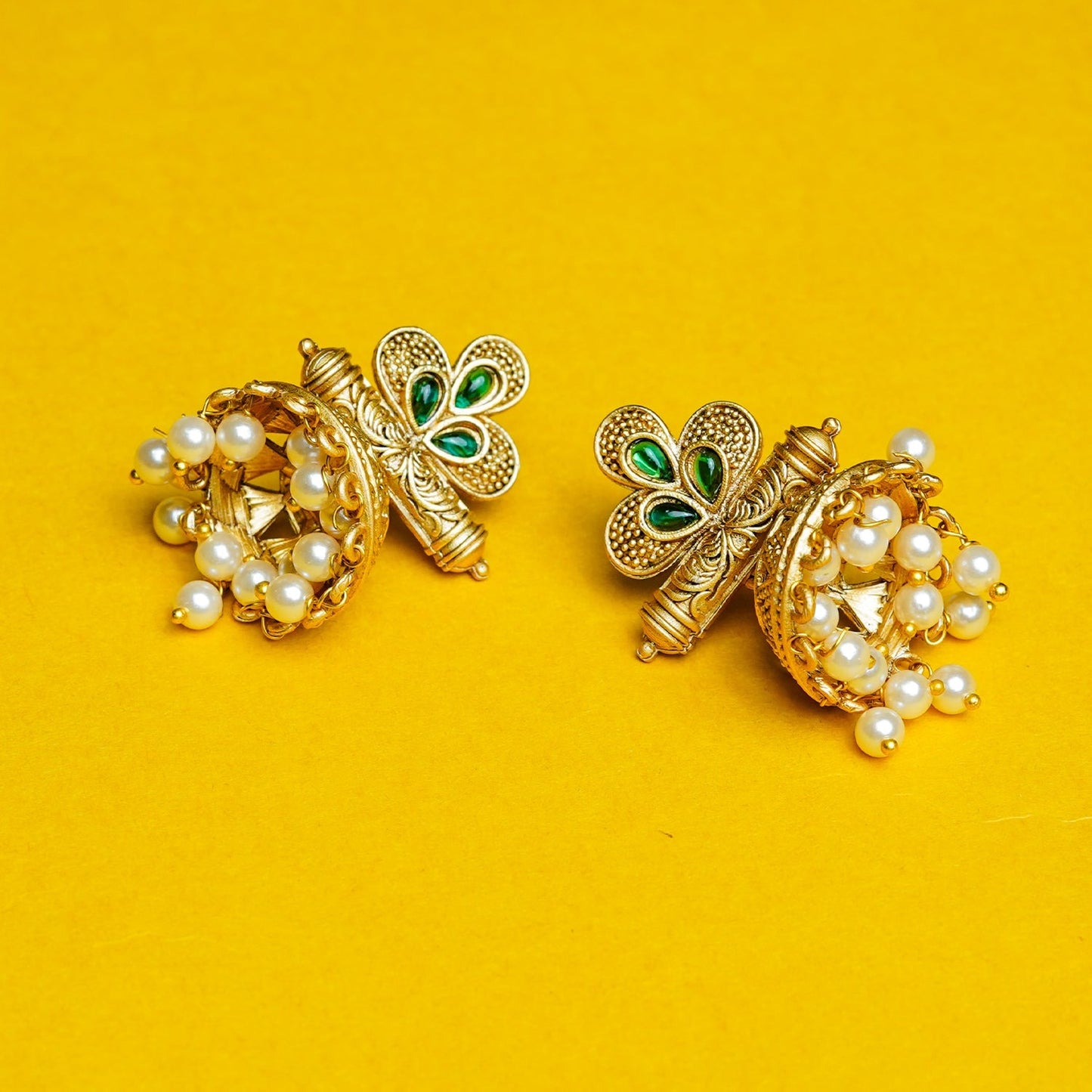 Zevar Club 18K Gold-Plated White Stone Studded Dome Jhumka Earrings with Pearl Danglers