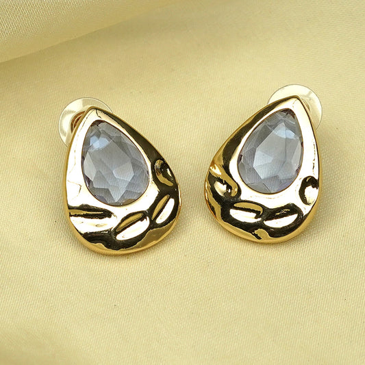 Zevar Club Matte Gold Tone Stainless Steel Tarnish Free Waterproof Tear Drop-Shaped Light Grey Stone Stud Earrings for Women
