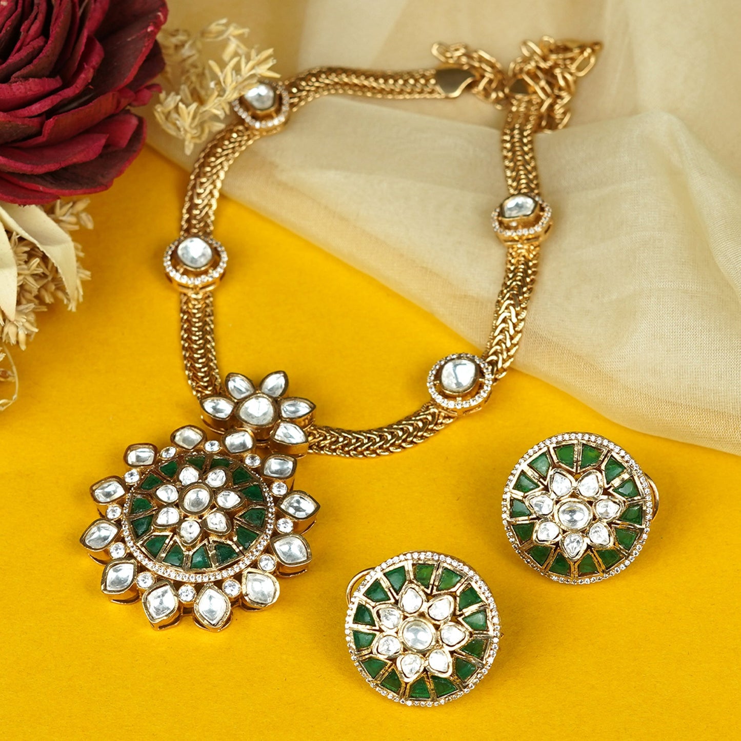 Zevar Club 24K Gold Plated White Kundan Studded Multicolor Enamel Handcrafted Floral Jewellery Set with Pendant & Earrings for Women