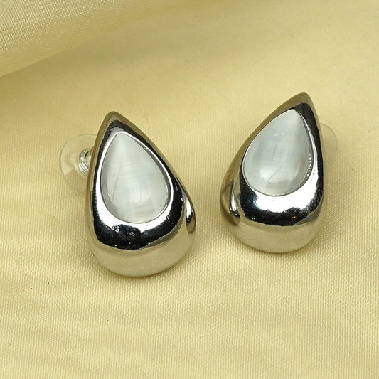 Zevar Club Glossy Silver Tone Stainless Steel Tarnish Free Waterproof Tear Drop-Shaped Mother of Pearl Stud Earrings for Women
