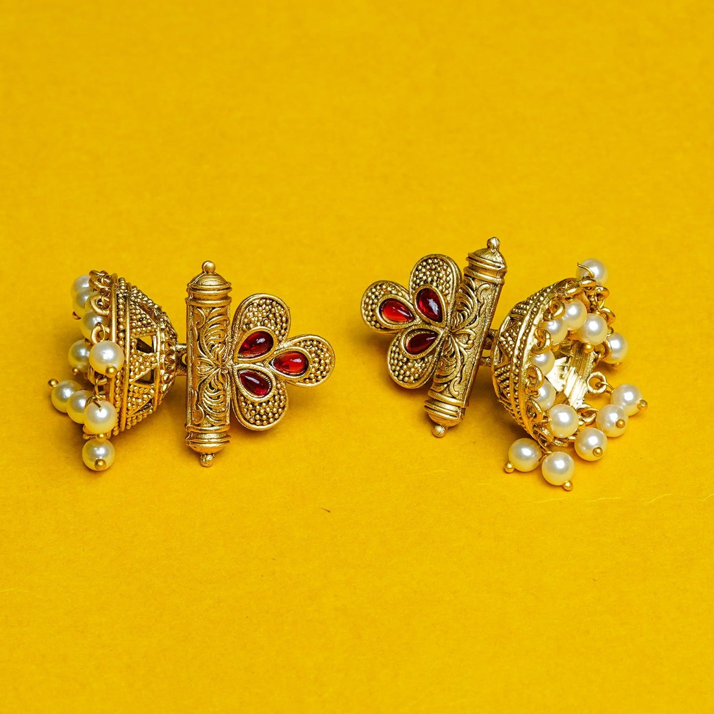 Zevar Club 18K Gold-Plated Red Stone Studded Dome Jhumka Earrings with Pearl Danglers