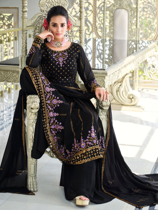 Dark Blue Thread Embroidery Georgette Sharara for Mehendi