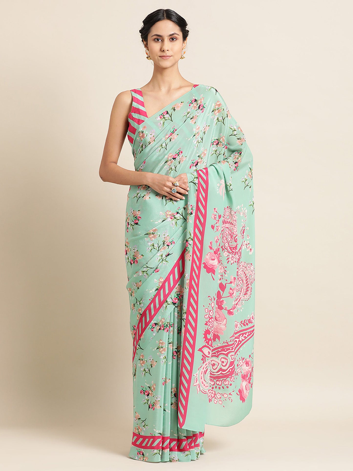 Paisley Bloom in Natural Crepe Mint Green Saree