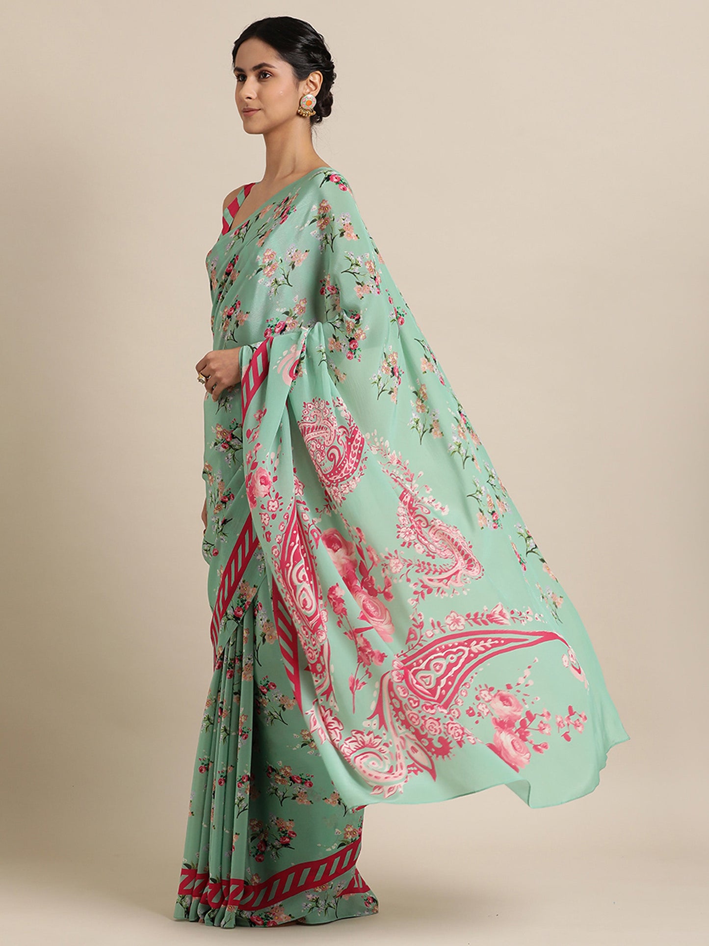 Paisley Bloom in Natural Crepe Mint Green Saree
