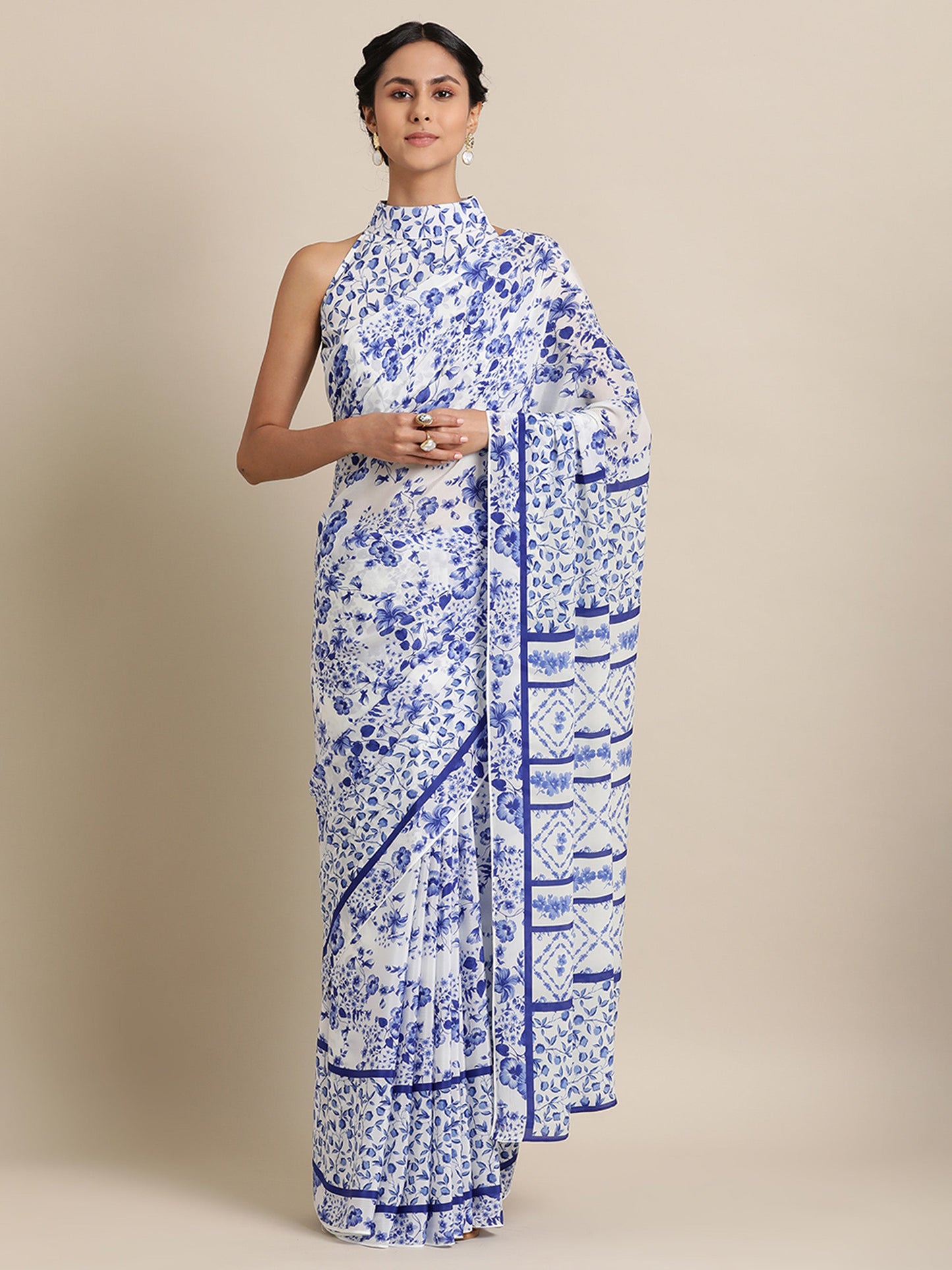 Blooming Lattice in Natural crepe White Saree
