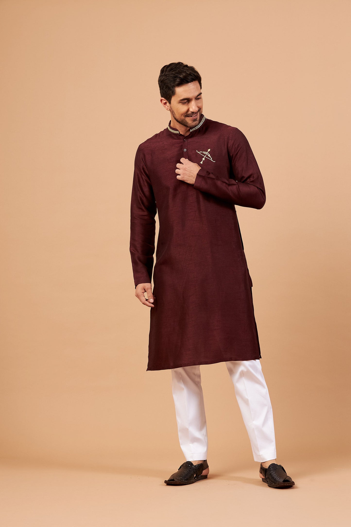 Maroon Semi Raw Silk Zari Bow & Arrow Embroidery ( only Kurta )