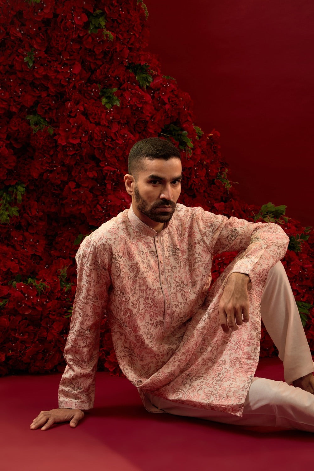 Peach silk kurta set with hand and machine work