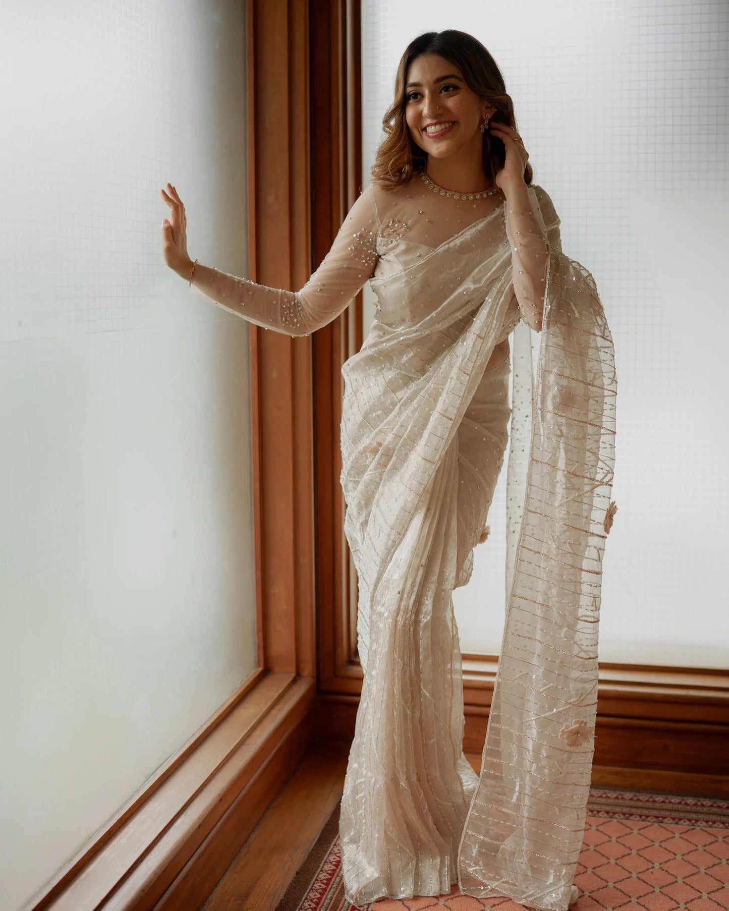 Beautiful bridal tissue saree blend of rhinestones with emblished 3Dwork