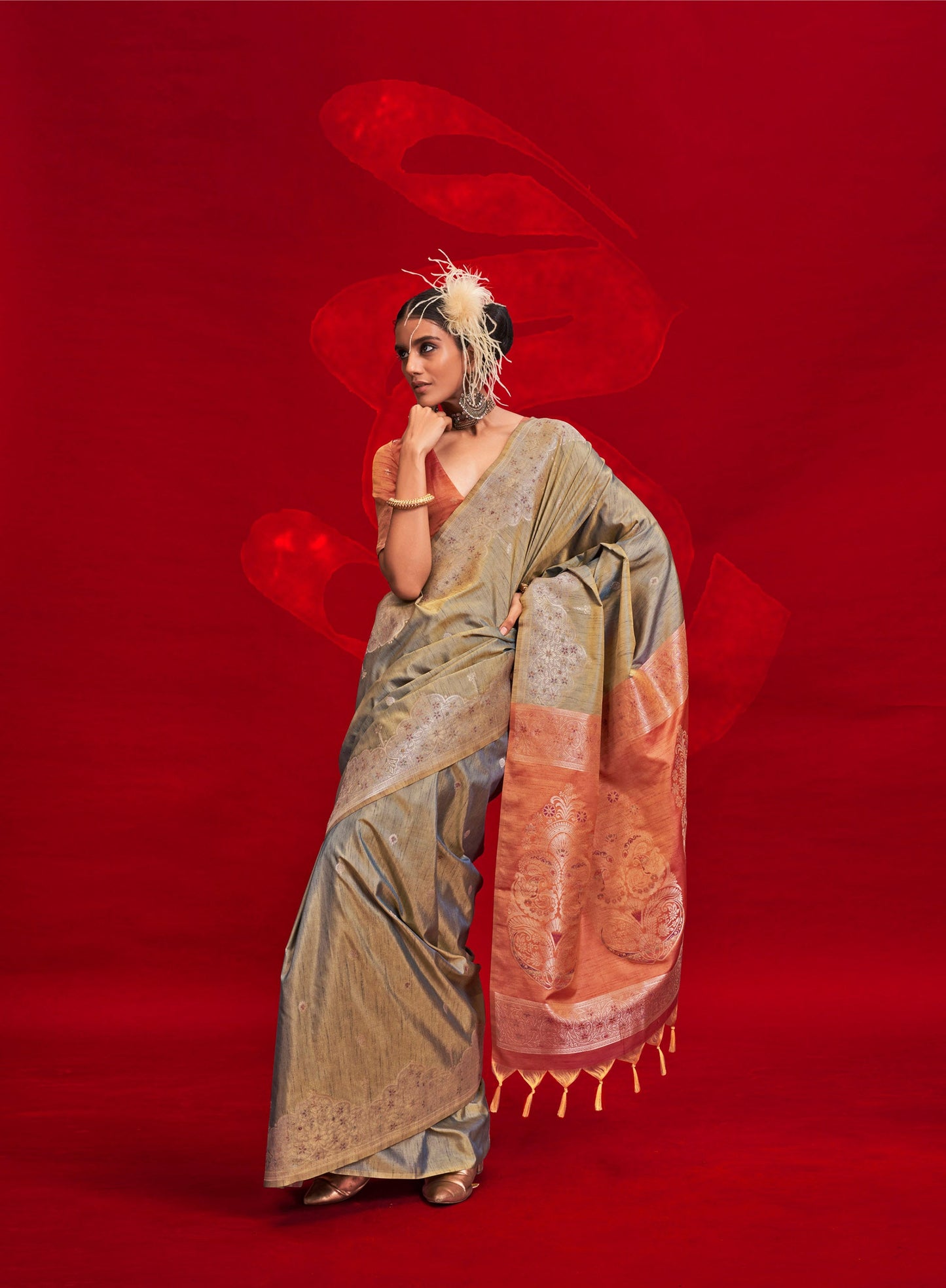 Coral Kontessa Tussar Silk Handloom Saree with ikkat Pallu