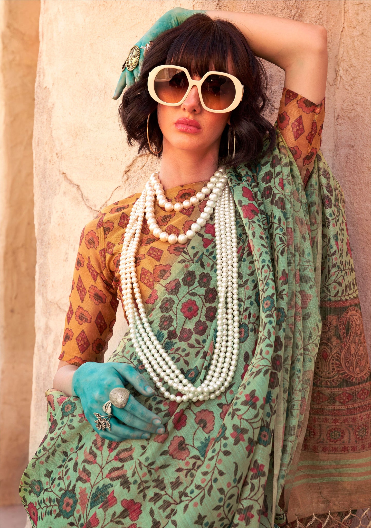 Green Komet Printed Zari Handloom Tissue Saree