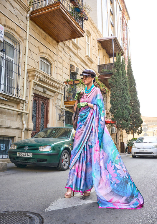 Blue and Green Floral Kolombus Satin Georgette Printed Saree