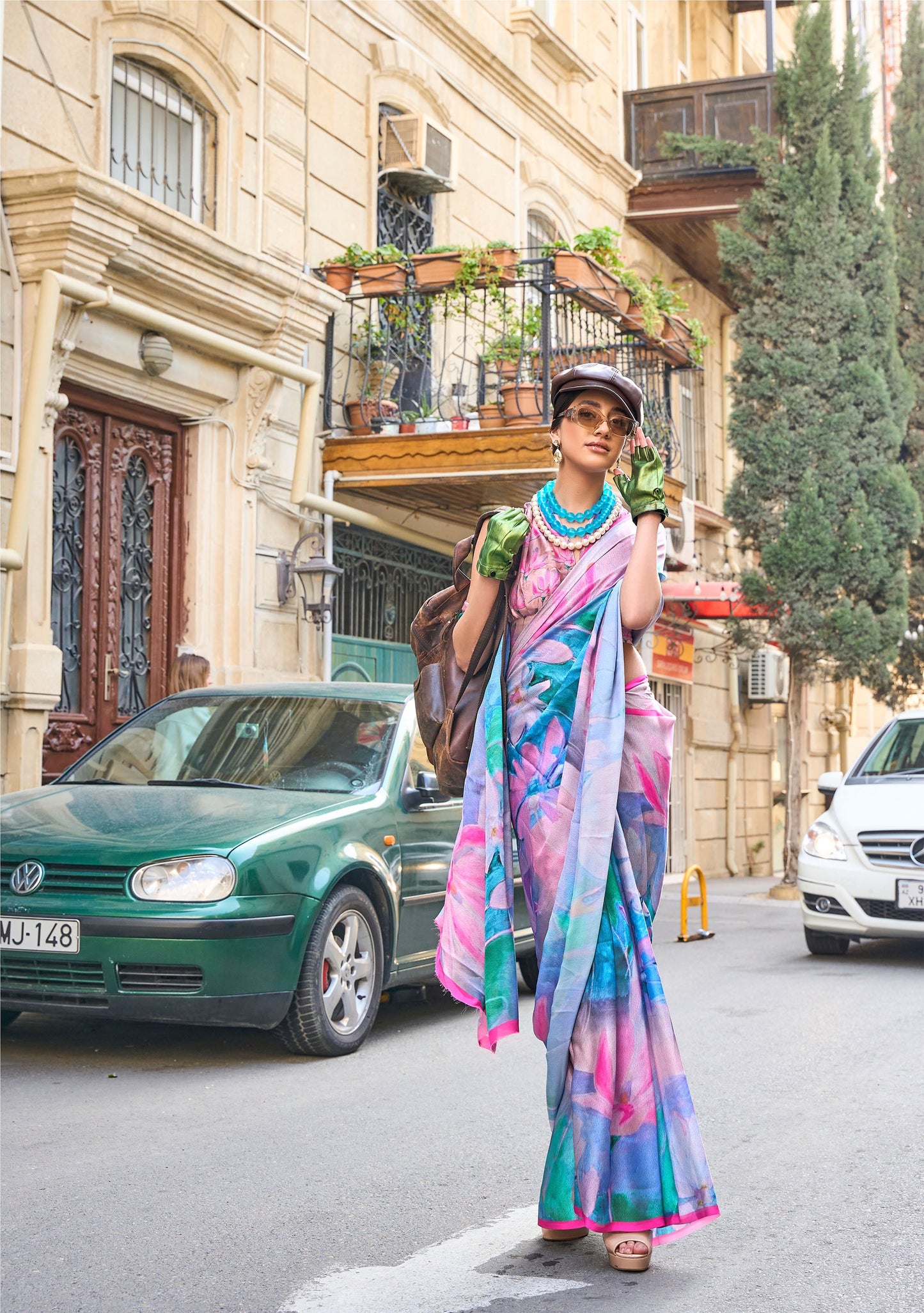 Blue and Green Floral Kolombus Satin Georgette Printed Saree